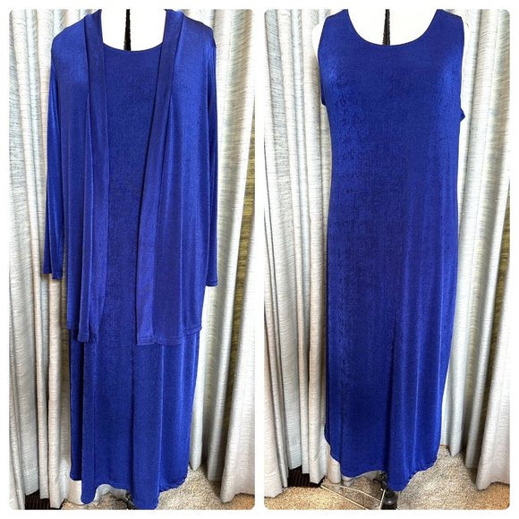 Vintage Christiana by Petra  Blue Stretch Slinky Maxi Dress/Matching XL Jacket - Picture 1 of 16